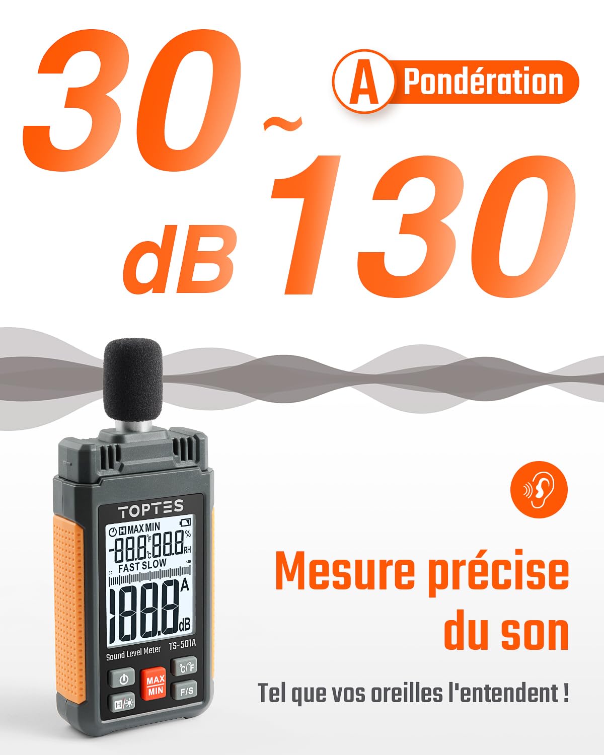 Sonomètre, TopTes TS-501A Décibelmètre avec écran LCD rétroéclairé de 2,25 pouces, pondéré A, plage 30-130 dB, valeur MAX/MIN, utilisation pour la maison, voisin bruyant, usine - Orange