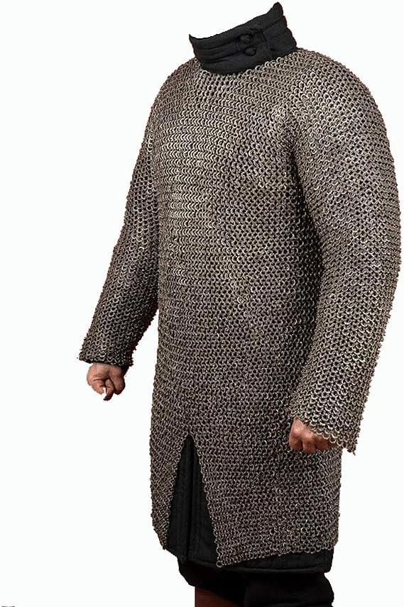 Riveted Chainmail Shirt Oil Finished 16 Gauge Steel Wire Medieval Armour for Men Reenactment Costume LARP | Medieval Knights Chainmaille Hauberk Mail Armor European Chest Protector Outfit Renaissance