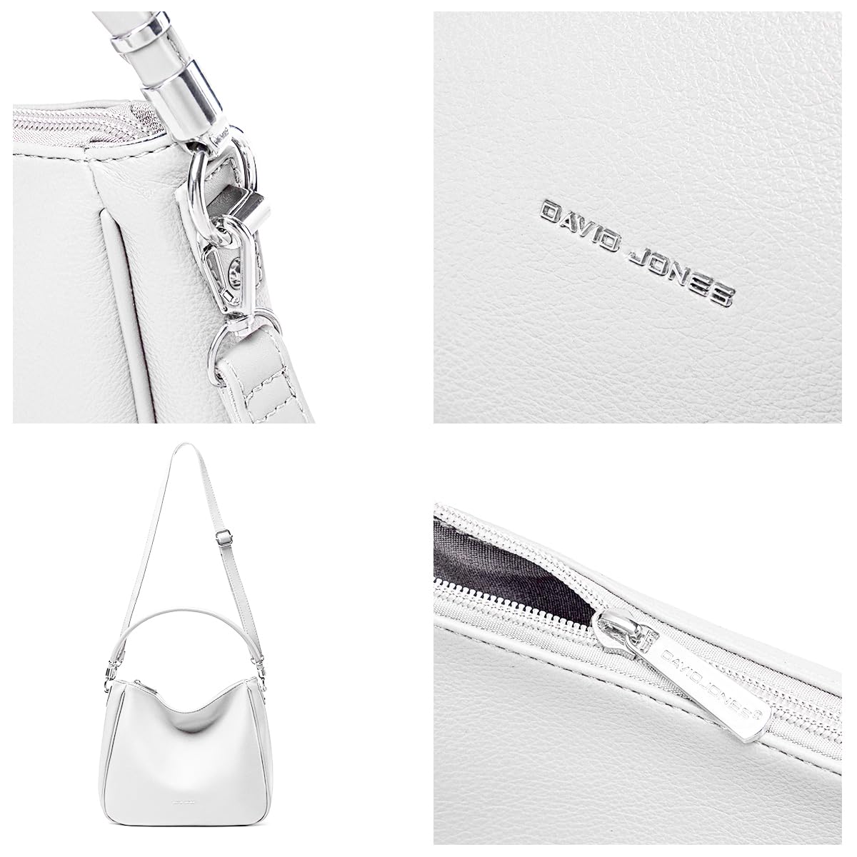 David Jones - Bolso Hobo para Mujer - Bolso de Hombro Tipo Bandolera de Piel Sintética PU - Bolso Tote de Tamaño Mediano con Asa Larga - Moda Clásica Urbana Práctica y Elegante, blanco, medium