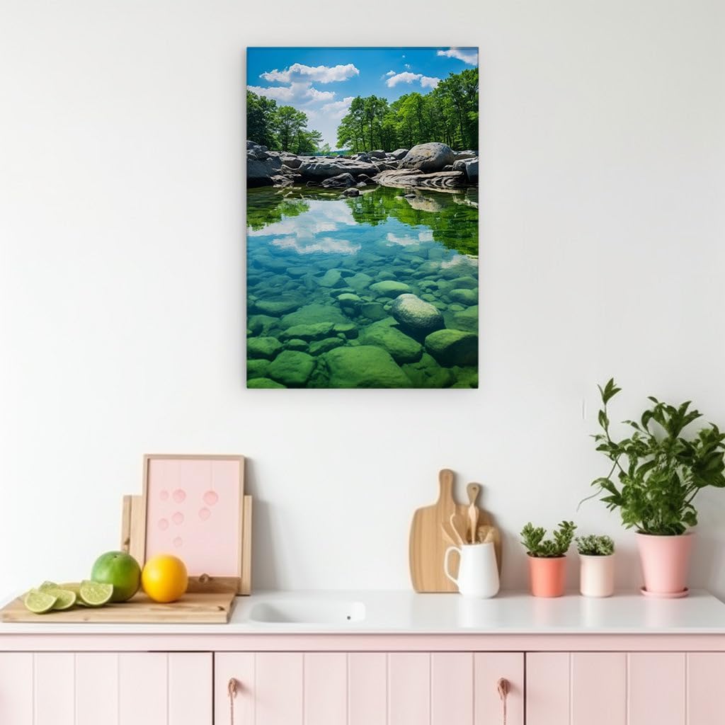 Canvas for Living room. Reflecting Nature's Peace: Discover the Serenity of a Bright Green River Oasis, 27 x 18 inch Canvas Wall Art - Contemporary Masterpieces - Modern Home Decor