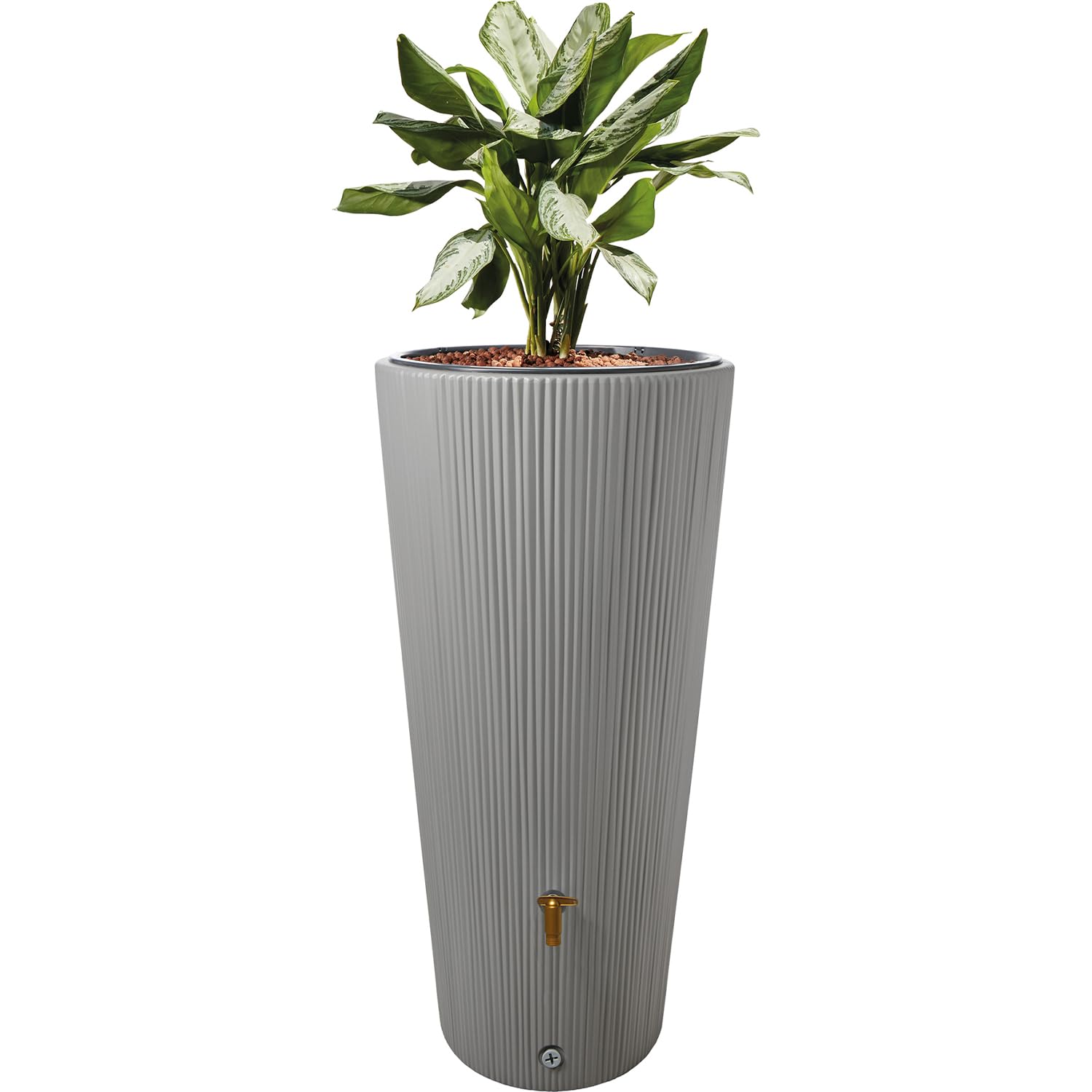 4rain VASO DECOR zbiornik na deszczówkę 220 l, szary cynkowy | z misą na rośliny, 2w1, funkcjonalny zbiornik do zbierania deszczówki, idealny do ogrodu