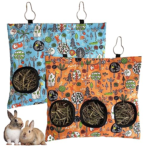 Rabbit Hay Feeder Bag, Guinea Pig Hay Feeder for Cage Small Animal Hanging Feeding Bags Rabbit Hay Dispenser Storage for Rabbits Guinea Pigs Bunnies Chinchillas (Orange,Light Blue, 3 Hole) - image 7