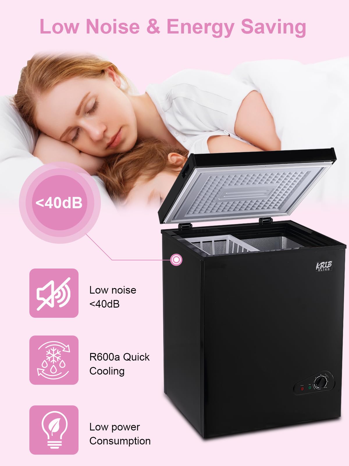 Krib Bling Chest Freezer Adjustable Thermostat With Removable Storage Basket For House Kitchen Garage Basement 3.5 Cu.Ft Black on Fridge.com - View 3