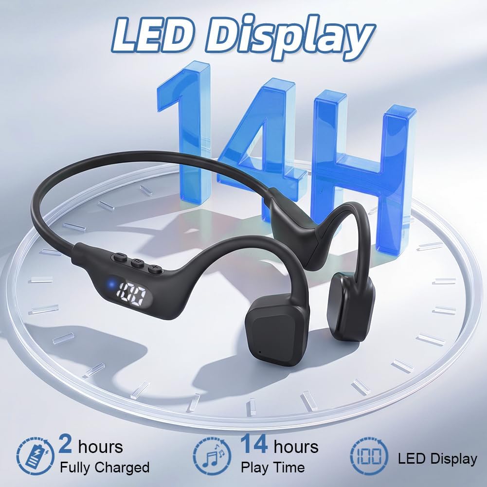 Cuffie Conduzione Ossea Bluetooth 6.0, Auricolari Sportivi Bluetooth Open-ear Autonomia 14 Ore, Open-ear Cuffie LED Display, IPX8 Impermeabili, Qualità Audio HD Per Corsa Ciclismo Guida Fitness (Nero)