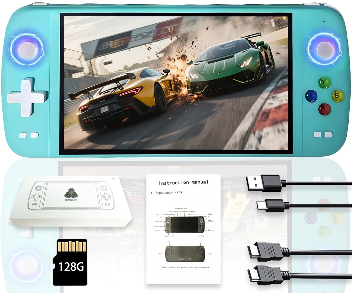 Nuova console di gioco portatile M27, 64 GB di memoria interna con 20.000 giochi, sistema Linux, schermo IPS da 7 pollici, console portatile mini arcade tascabile, uscita HD (verde, 64 g)