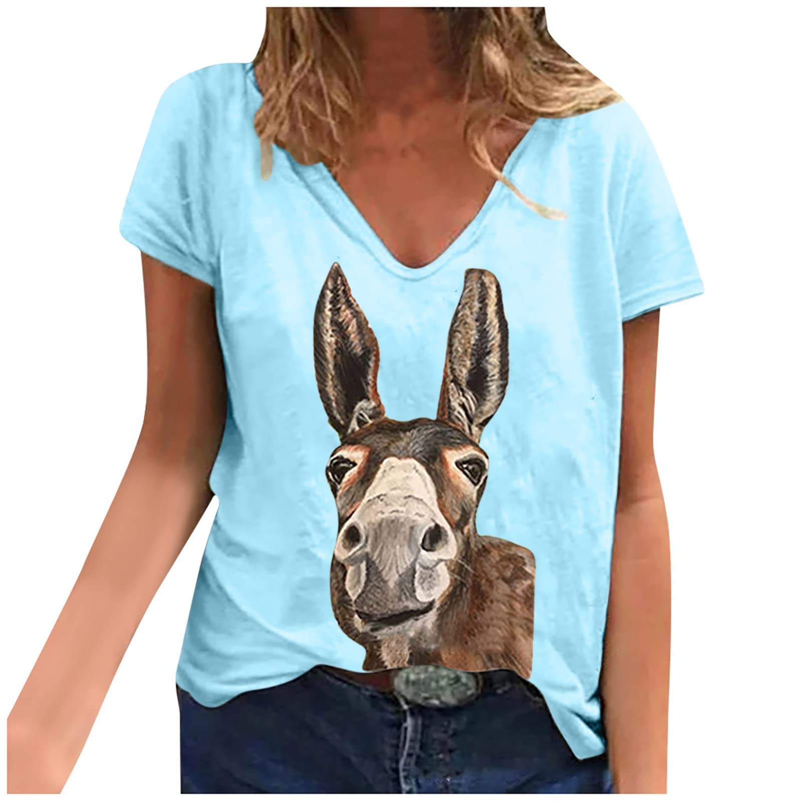 Women's V-Neck Short Sleeve Tops Shirts Tees Graphic Funny Shirt T Shirt Elastic Blouse Tshirt Casual Summer 2023