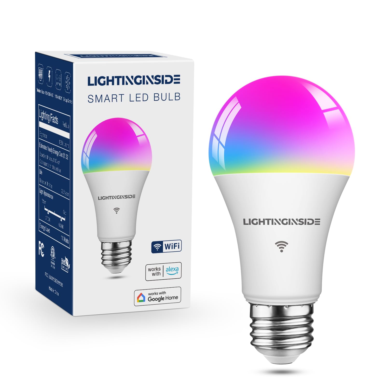 Smart Light Bulbs 100 W Equivalente 11 W A19 E26 WiFi Lampadina intelligente compatibile con Alexa e Google Assistant, lampadina cambia colore, dimmerabile, non necessita di hub, Wi-Fi da 2,4 GHz