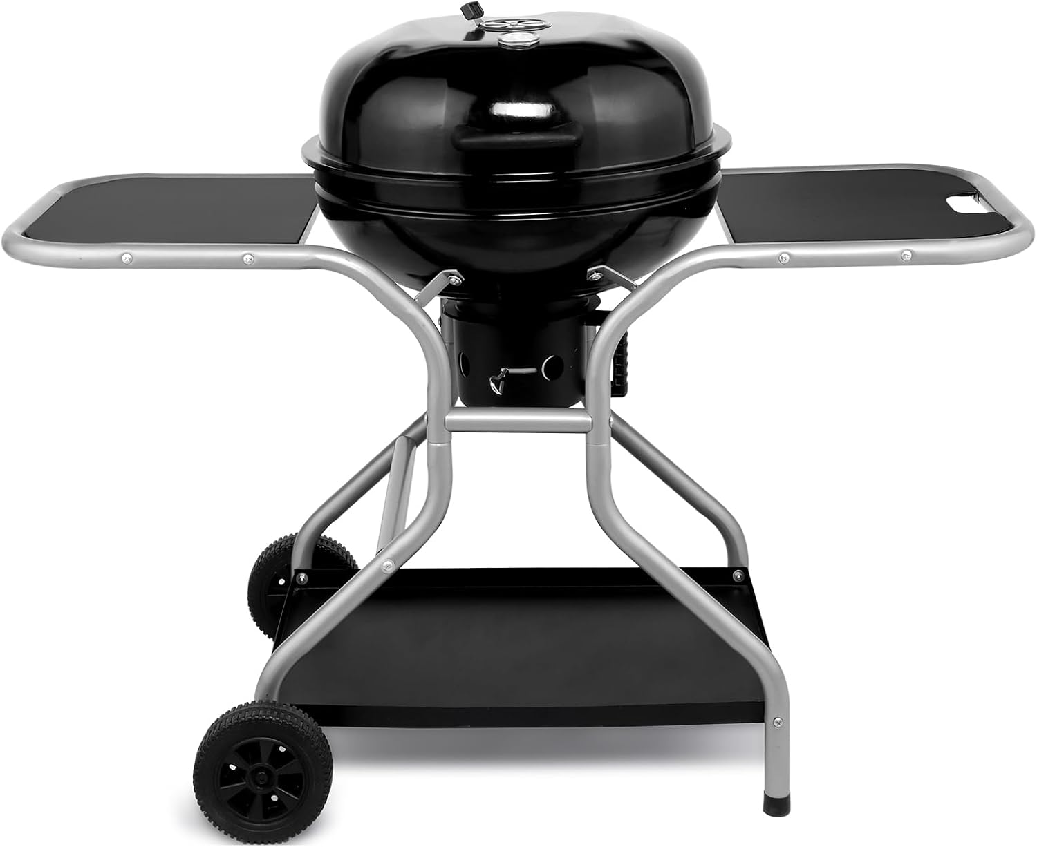 Kettle Charcoal Grill with 2 Side Tables, Storage Shelf, Upgraded Ash Catcher, Thermometer, Air Vents, Outdoor Cooking Barbecue Grill with Wheels