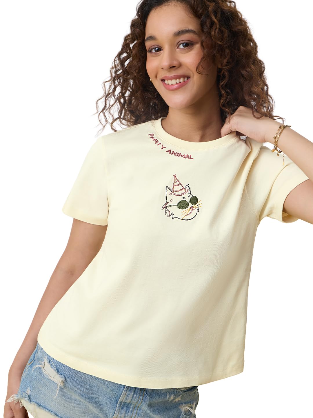 the souled store Party Animal Women and Girls Short Sleeves Round Neck Off White Embroidered Cotton Relaxed Fit Lightweight Everyday Casual T-Shirts-picture-11
