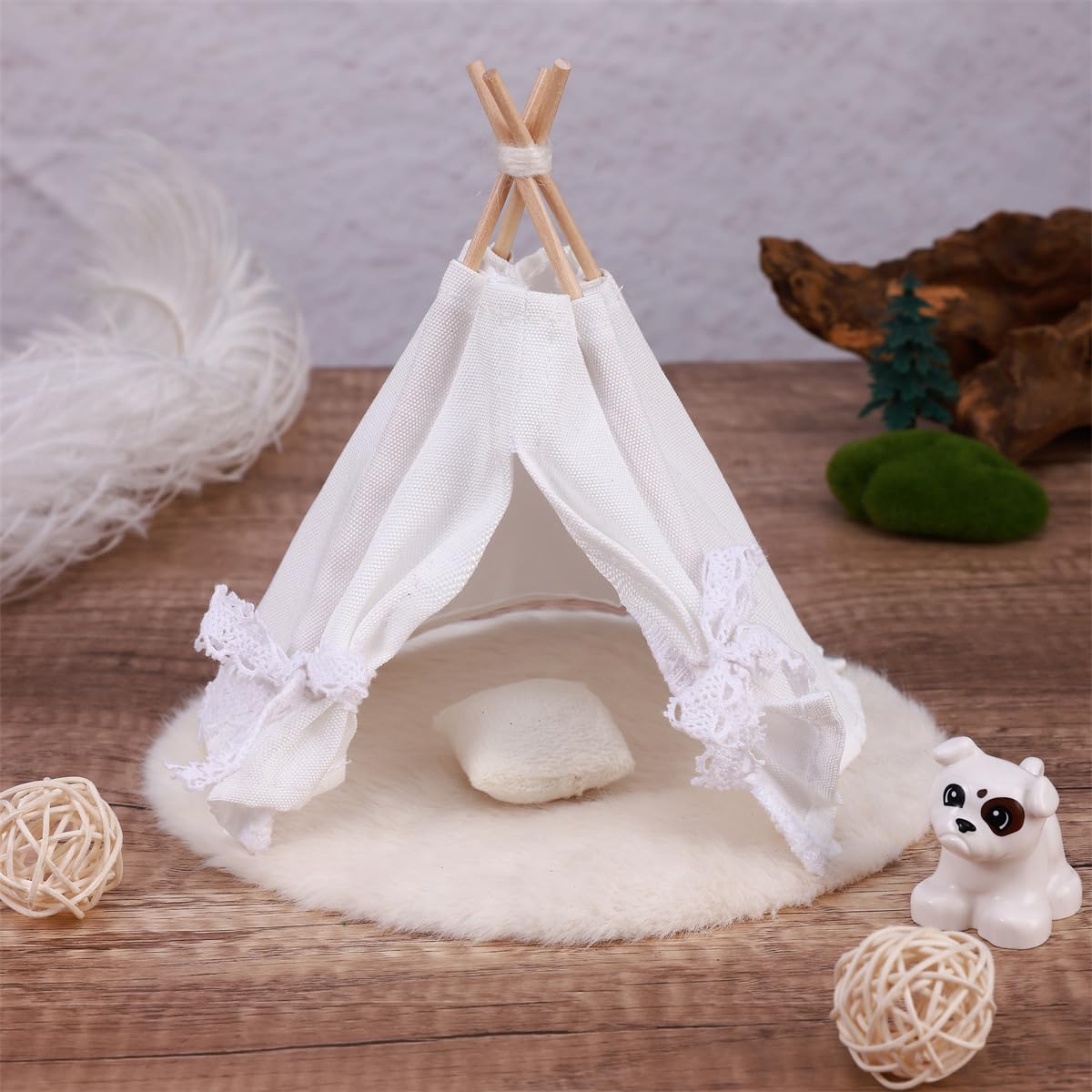 Super Idee Wichtel Miniatur Zelt Camping Wichtelzubehör Wichteltür Zelt aus Holz mit Dekorationen ideal als Wichtelhäuschen für Weihnachten Wichtel