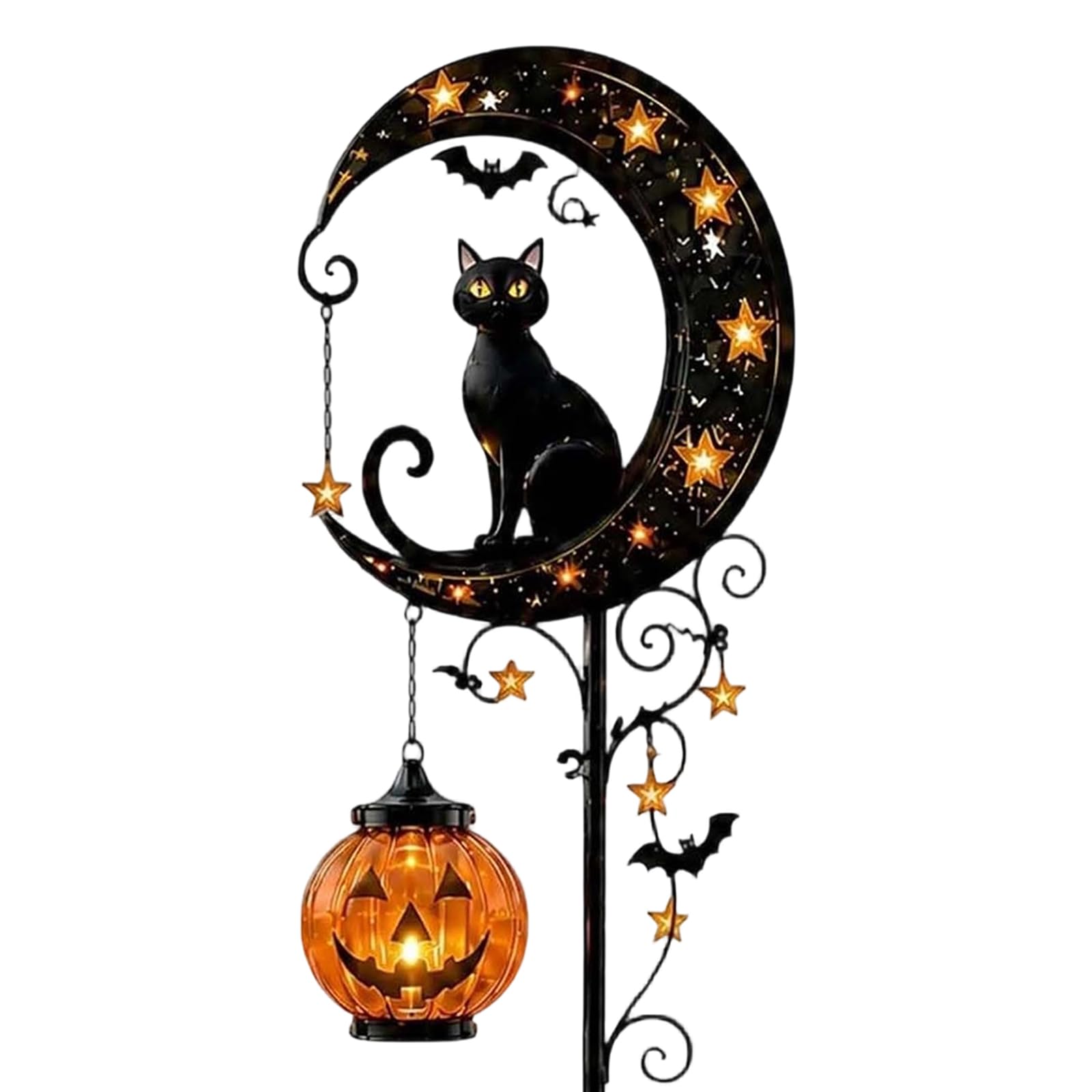 Solar Halloween Black Cat Garden Light, Pumpkin Moon Stake Auto On/Off