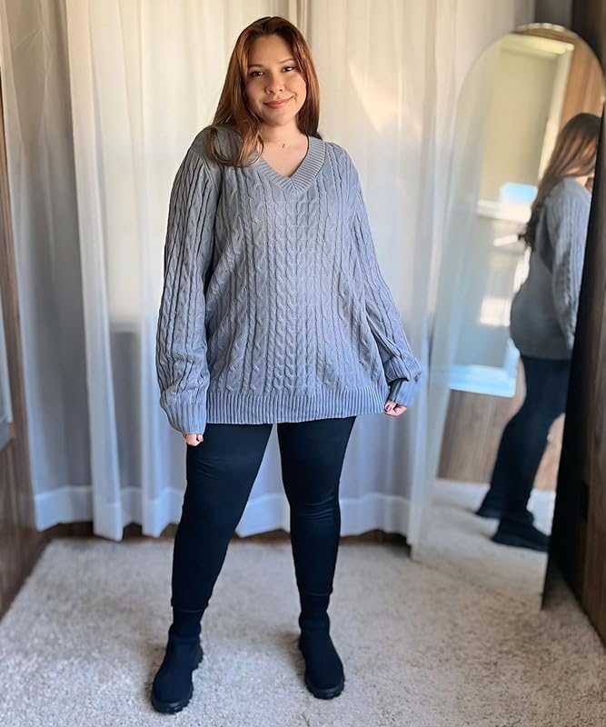 Image of TIYOMI Plus Size Sweaters for Women 2025 Long Sleeve Pullover Sweaters V Neck Casual Fall Tops Loose Winter Knit Sweater