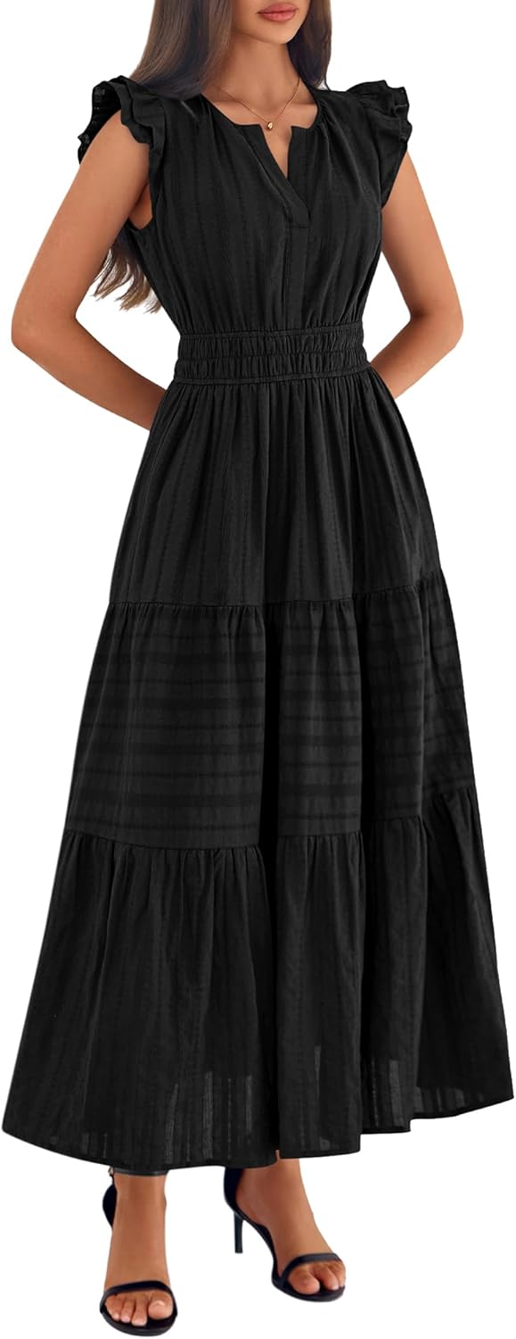 BTFBM Womens Summer Maxi Dress 2026 Spring Boho Vacation Ruffle Flutter Short Sleeve A Line Tiered Flowy Dresses Pockets - Image 7