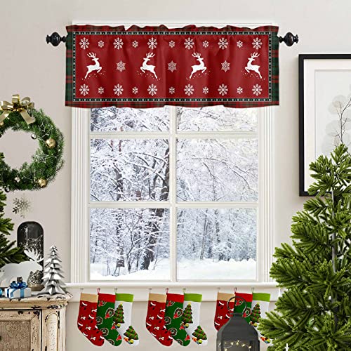 Warm Tour Christmas Winter Snowflakes With Elks Window Valance Curtains Red And Green Classic Tartan Plaid Short Curtain For Kitchen Living Room Bathroom Windows, 1 Panel Drapes Rod Pocket Valances #TOP2