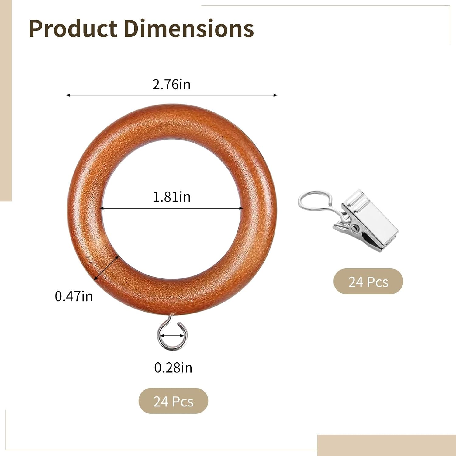 48 Pcs Curtain Rings with Clips Set, 1.77 in Wood Drapery Rings, 24 Teak Rings with Hooks & 24 Silver Clips