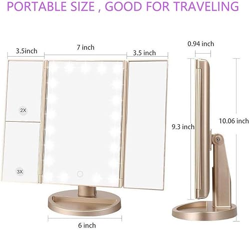 Vista 5 de Espejo cosmético con tres pliegues DeWEISN con 21 luces LED para iluminación, pantalla táctil y ampliación de 3X/2X/1X, dos modos de suministro