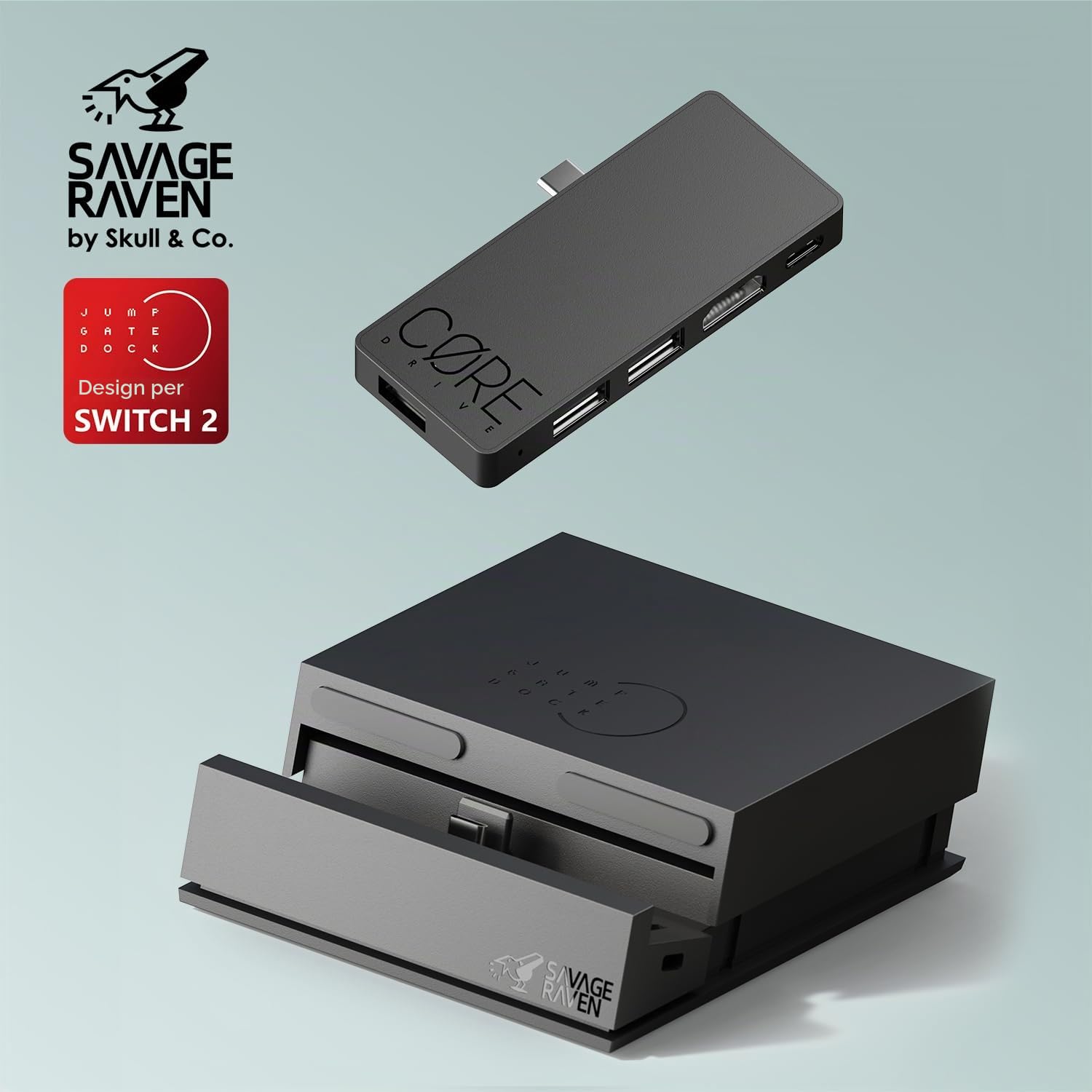 SAVAGE RAVEN by Skull & Co. Jumpgate PRO Portable Dock with Detachable USB Hub HDMI TV Adapter for Nintendo Switch 2- Black