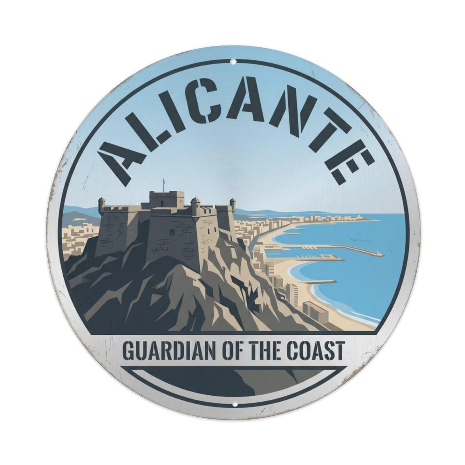 Fqcyn Style Vintage Travel Alicante Castle Hilltop Metal Tin Sign Plaque Wall Decor For Cafe, Club Bar, Office, Home Garden Round Metal Poster 8X8inch