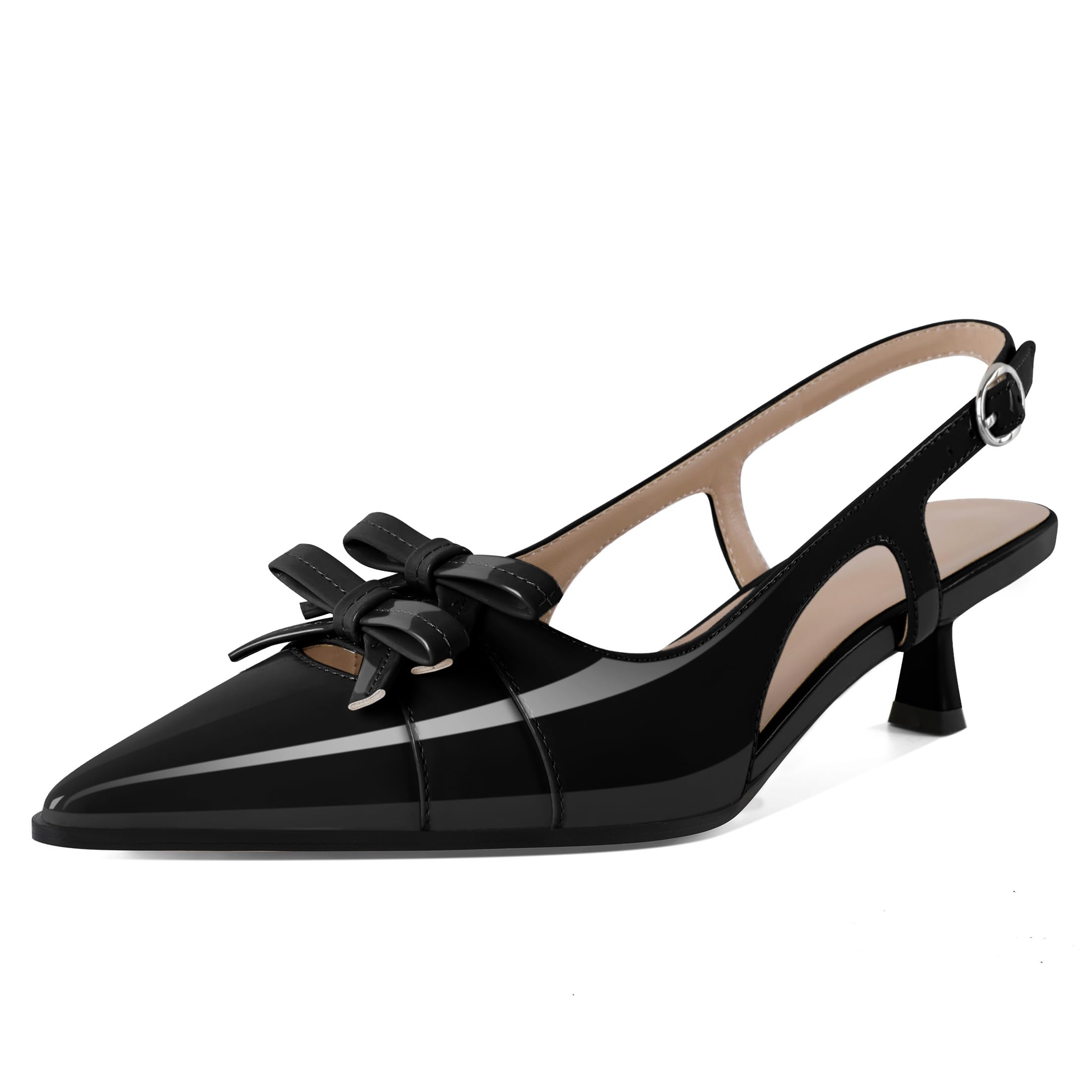 SoireeladyWomens Slingback Kitten Heels Low Heel Pumps Pointed Toe Bow Heels Comfort Fashion Dress Shoes Patent Leather 2 Inches