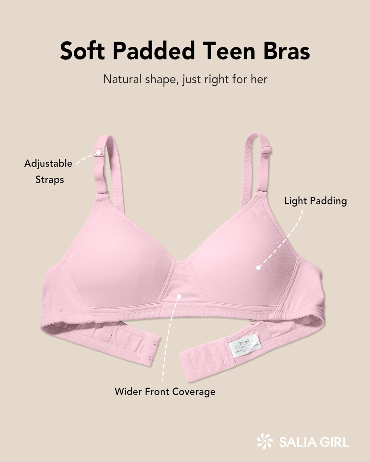 SALIA GIRL Soft Teen Bras for Girls 10-16, Lightly Padded Cotton Girl Training Bras, Breathable, Wireless Comfort