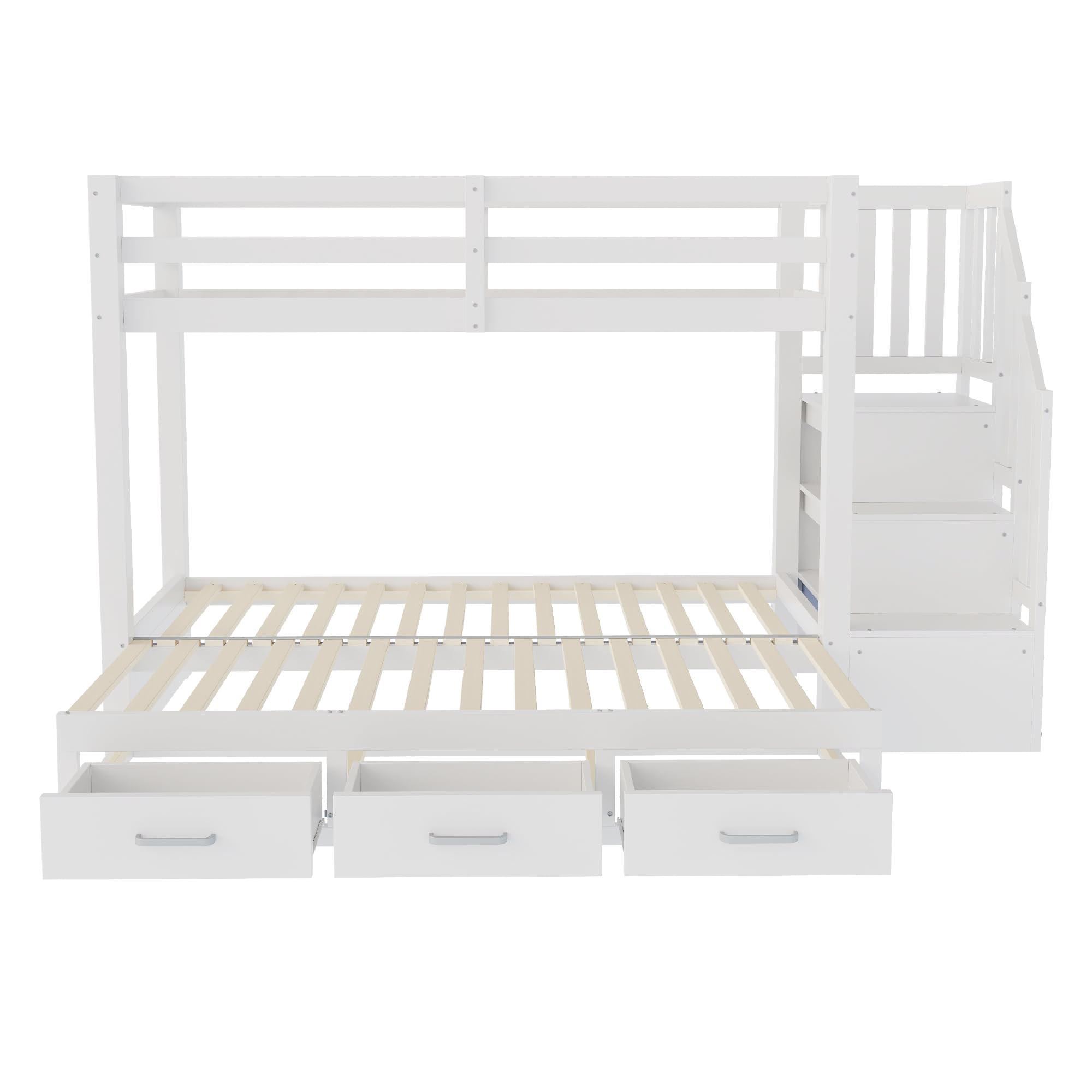 Litera de 90x200 cm con Cama Nido para 2 Personas, Cama Litera Matrimonio con 3 Cajones y Escalera Almacenaje, Cama Infantil Literas con Barandilla Anticaída y Lamas Madera, Sin Colchón, Blanco