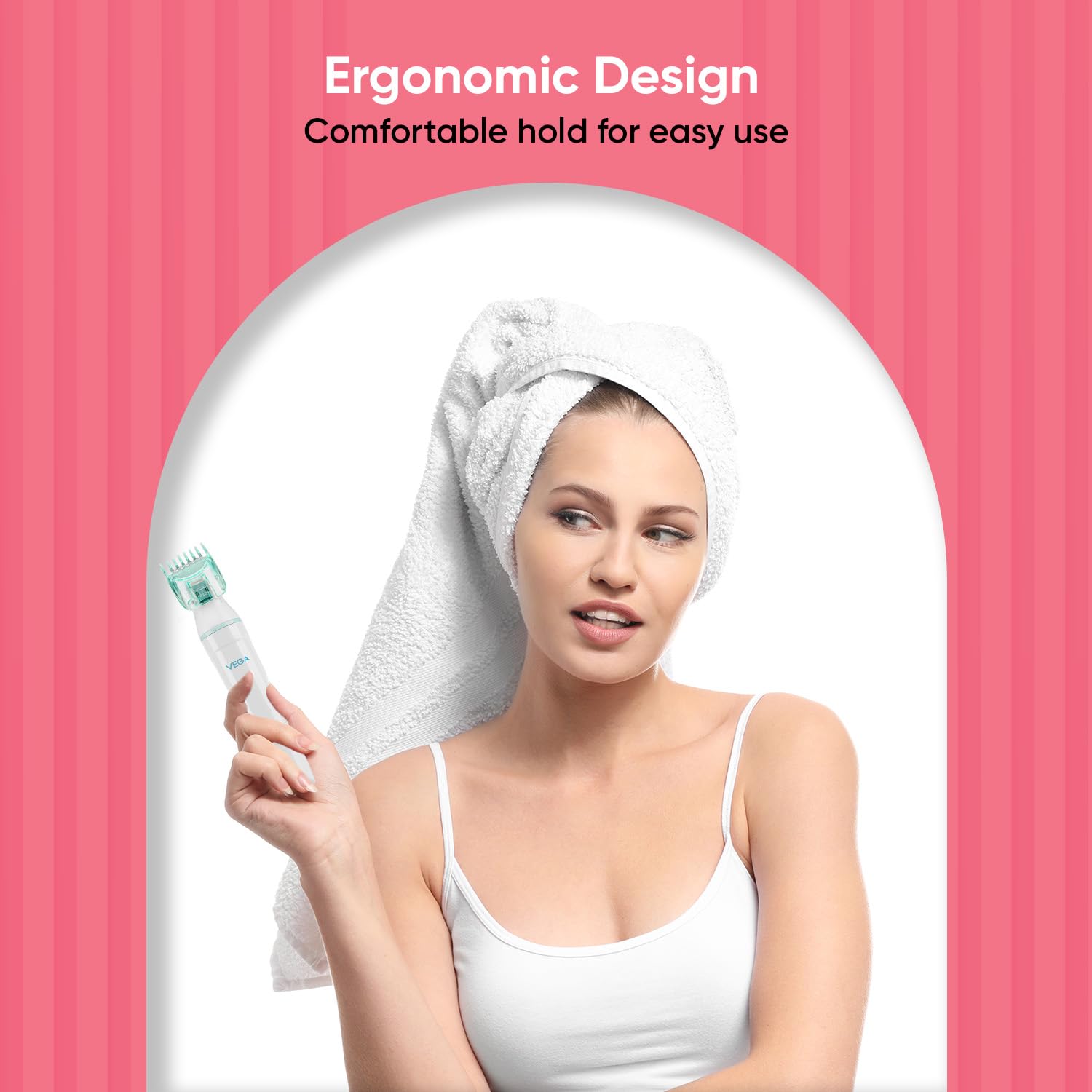VEGA Silk Touch Trimmer With Bikini Head,2 Sided Trimming Head With 2 Comb Attachement Battery Operated For Eyebrow,Rechargeable Electric Shaver,Underarms&Bikini Trimmer For Women,(VHBT-01),White 1