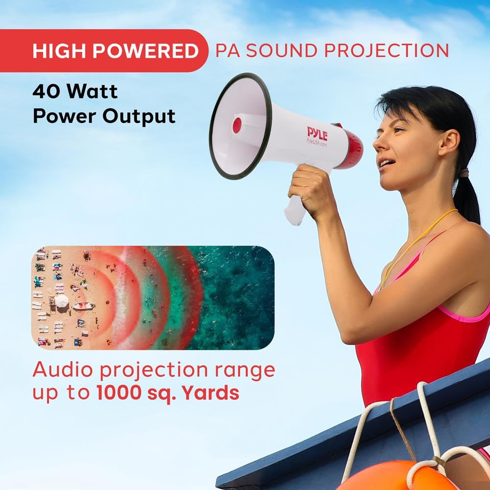 Pyle Altavoz megáfono PA Recargable, bocina de 40 W con Sirena, Entrada AUX, función de grabación y Rango de 900 m, Altavoz de Mano Fuerte para Entrenadores, animadoras, Ejercicios de Seguridad y