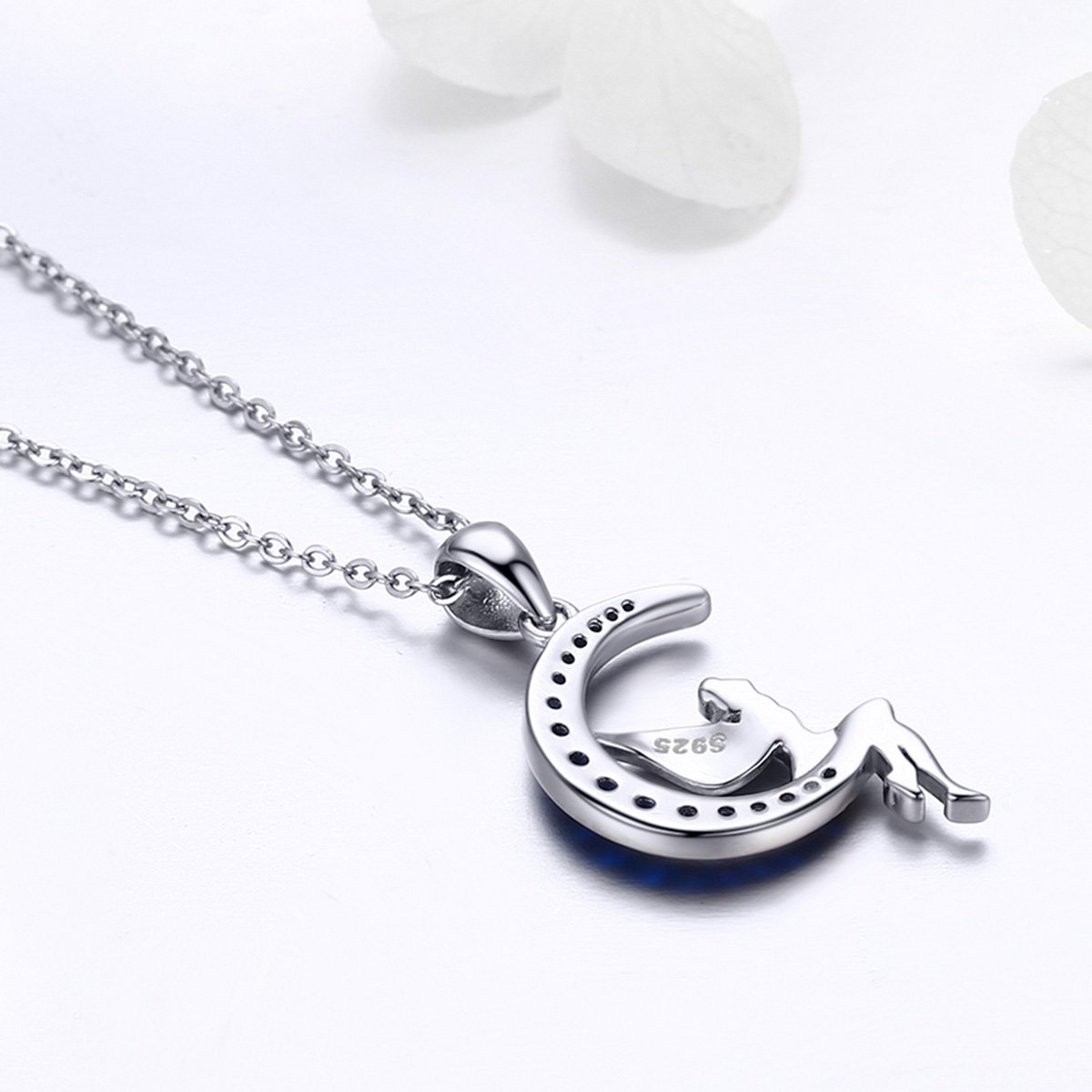 NewL Collar con colgante de plata de ley 925 con diseño de hada de la suerte en luna azul para mujer, joyería de regalo, Plata esterlina Tela Plata de ley, Circonia cúbica