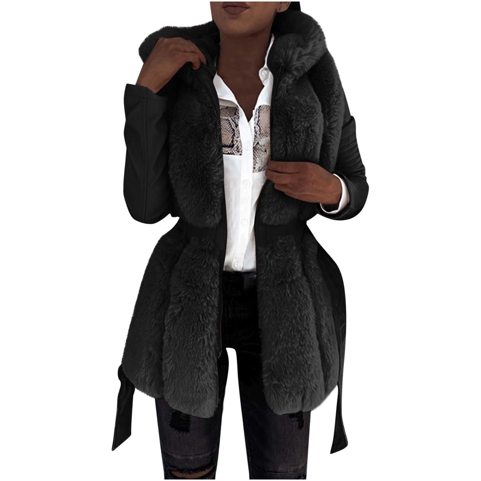 Pelzmantel Damen mit Kapuze Felljacke Warm Kunstfell Jacke Kunstpelz Mantel Winter Winterjacke Wintermantel Fleece Kuscheljacke Flauschig Strickjacke Kunstfellmantel Fellmantel Plüschjacke