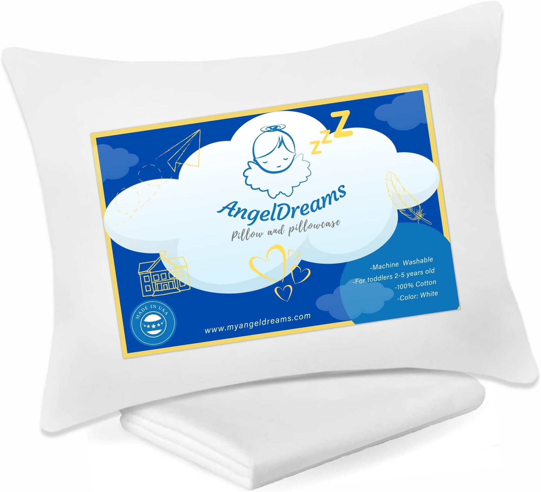 Angel Dreams 14x19 Toddler Pillow with Toddler Pillowcase - Toddler Pillows for Sleeping 2 Year Old and Up - Kids Pillow for Sleeping - Small Pillow - Kids Travel Pillow - Baby Pillows for Sleeping - Infant Pillow - Mini Pillow With Pillow Case Cover
