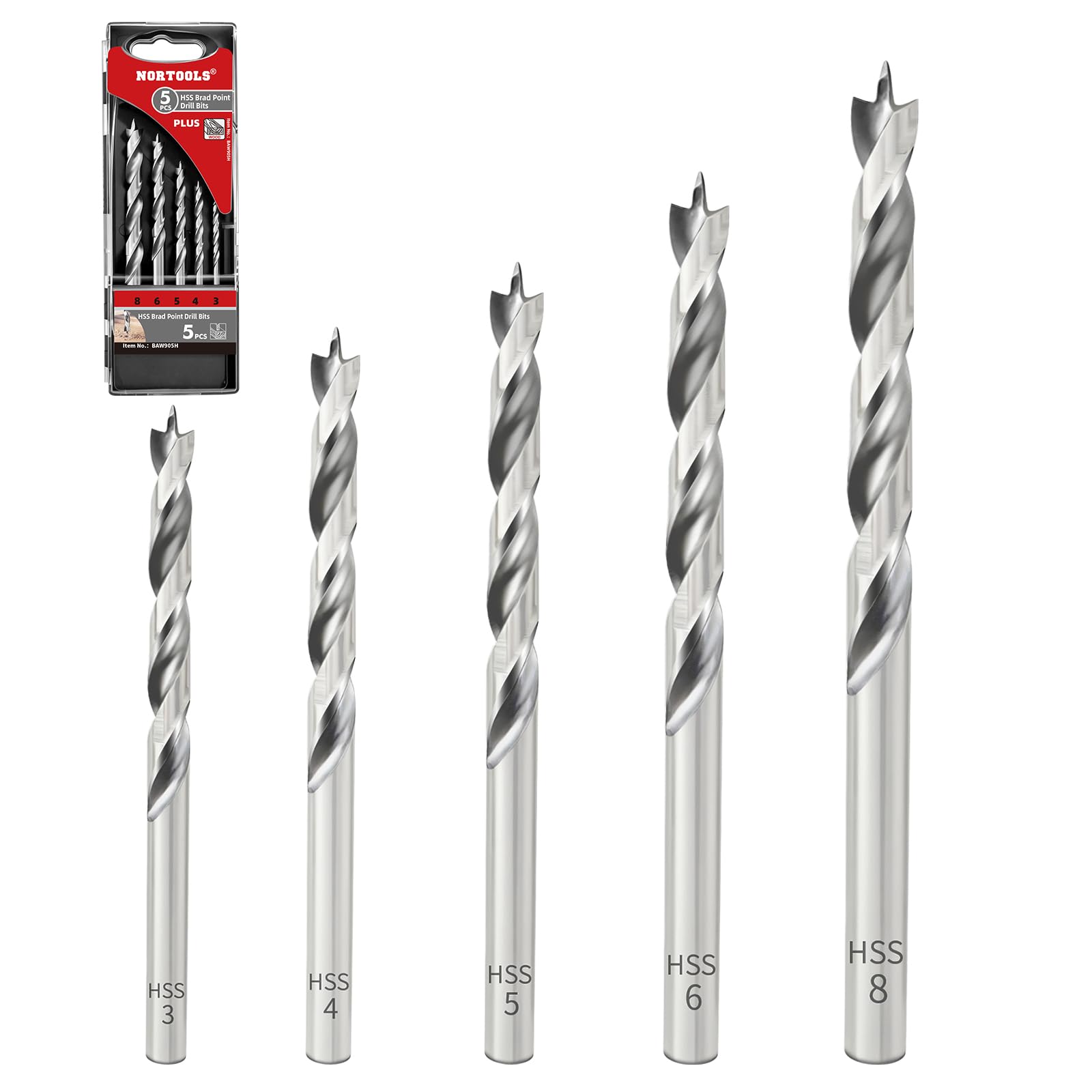 NORTOOLS 5pc Brad Point Drill Bit Set (3-8mm) | HSS Wood Drill Bits Set with 3-Cut Tip | for Hardwood, Plywood & DIY | Woodworking Bore Holes Durable Drilling Tools Kit (5pcs HSS Wood Drill Bits)
