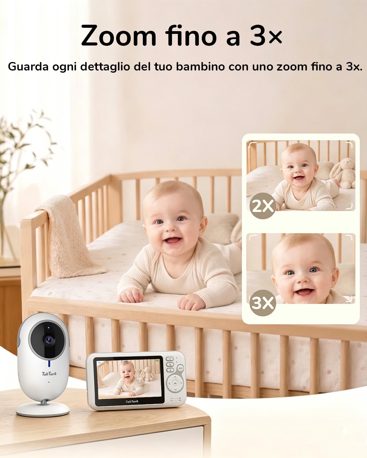 TakTark Baby Monitor Video e Audio, 4.3'' Telecamera Bambini con Monitor Video Baby Monitor Videocamera VOX, Visione notturna, Comunicazione Bidirezionale Sensore di temperatura