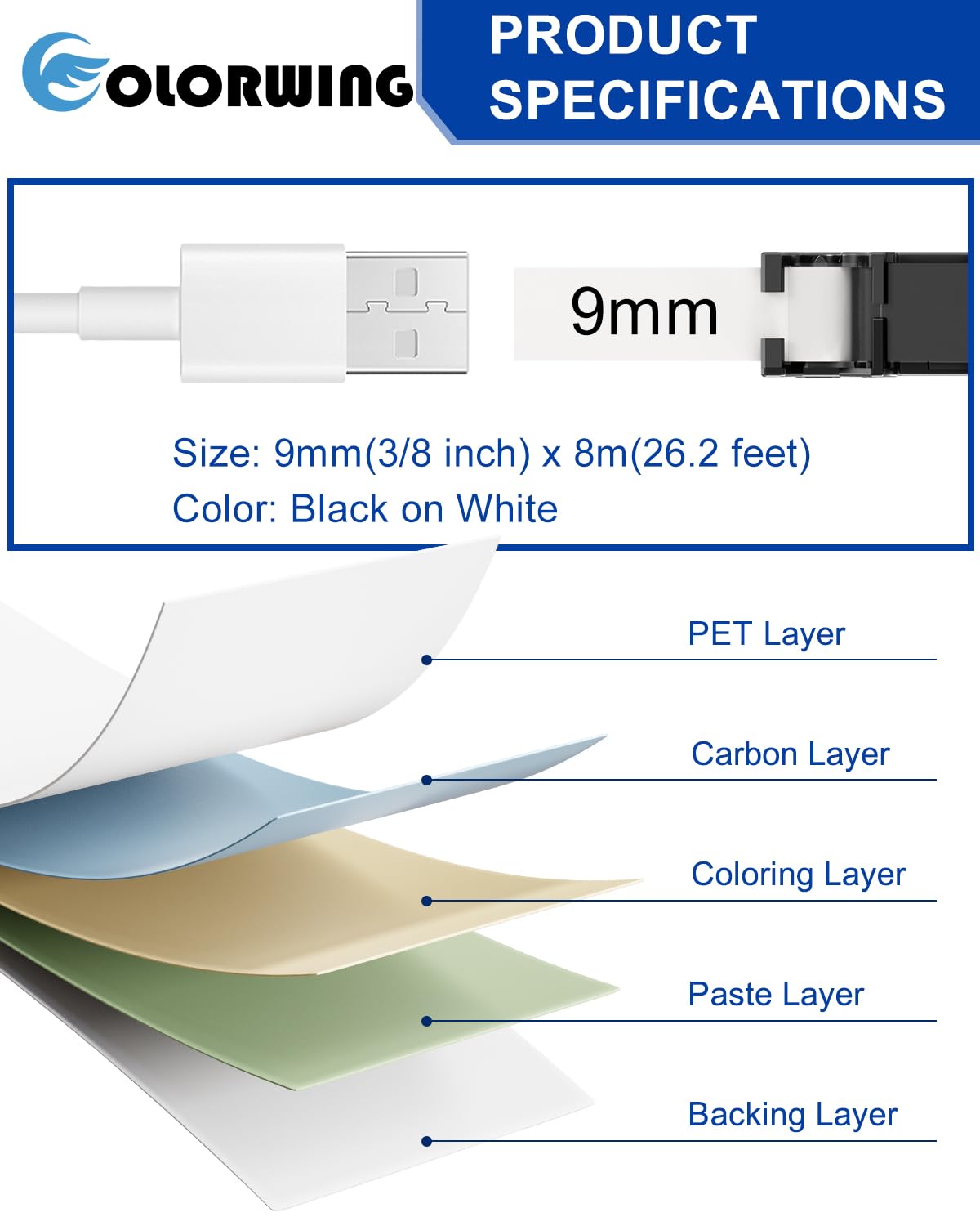 COLORWING TZe-221 Replace for Brother P Touch Label Tape 9mm White TZe221 Laminated TZ Tape 0.35" for Brother PT-D210 PT-D220 PT-H110 PT-1890 PT-D600 Label Maker - Image 2