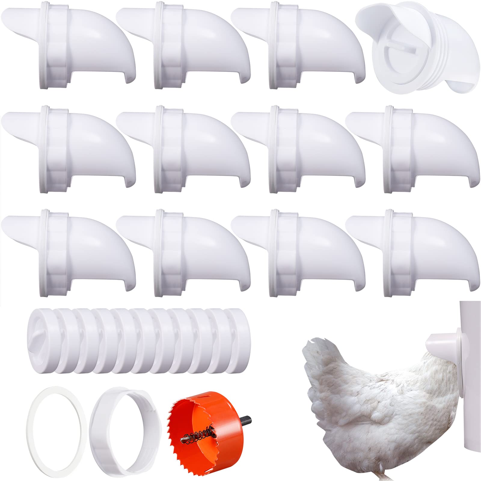 12 Ports DIY Poultry Feeder Ports,Rain Proof Gravity Fed Kit with Critter Stopper for Buckets,Barrels,Bins, Troughs,No Waste Chicken Feeder