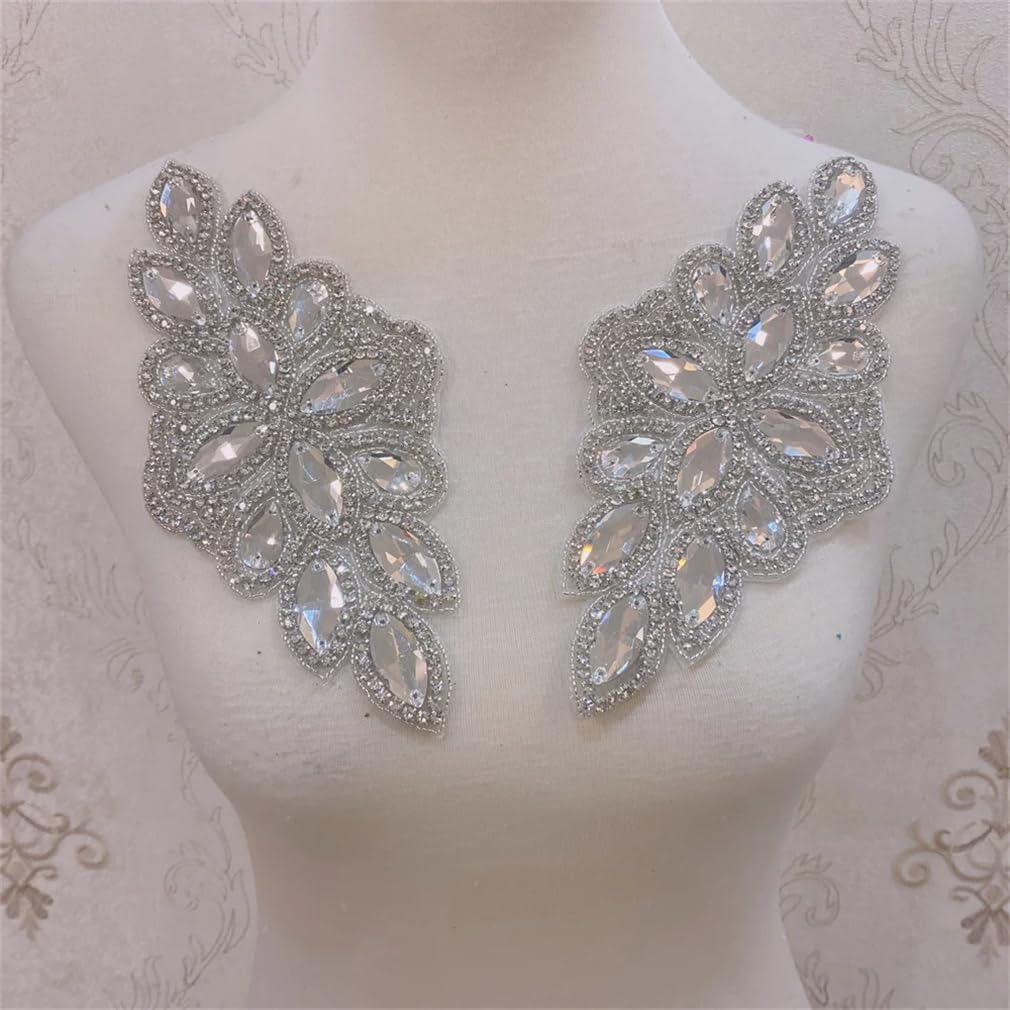 Generic Handmade Crystal Rhinestone Iron On Patches for Wedding Dress Decoration, silver