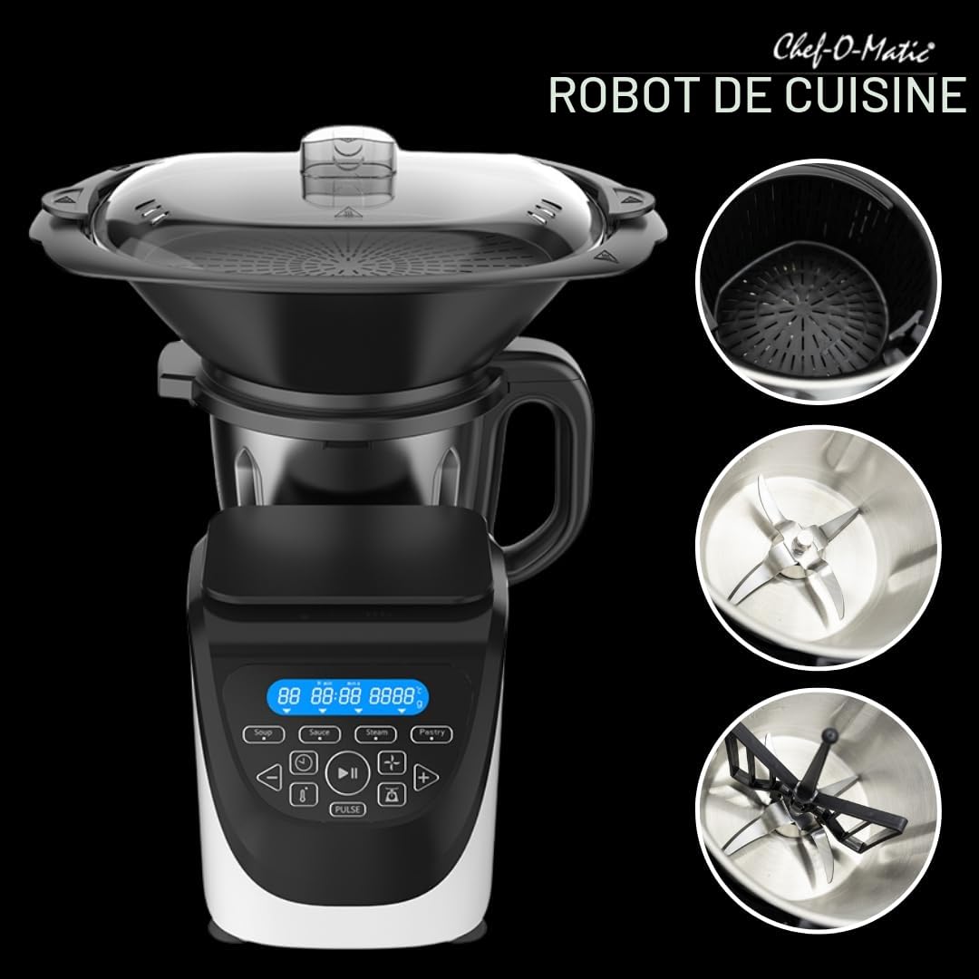 Robot de cuisine Chef O Matic Kitchen Robot, 1000 W, 3 L, 3 500 tr/min, plusieurs accessoires, 10 vitesses, robot multifonction, Écran tactile LED