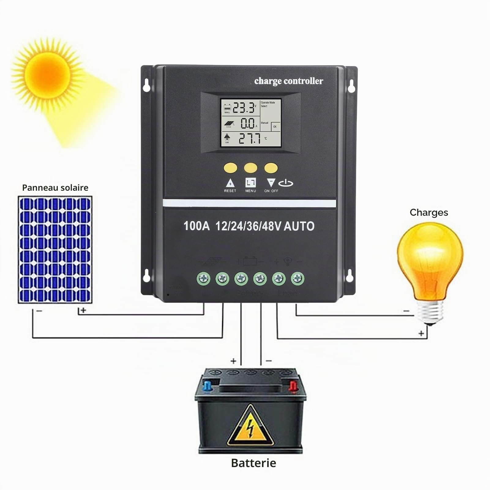 Contrôleur Solaire MPPT 100 A, 12 V, 24 V, 36 V, 48 V, Automatique, Deux Ports de USB, écran LCD rétroéclairé, de la Batterie, Contrôleur de Solaire pour Système PV,