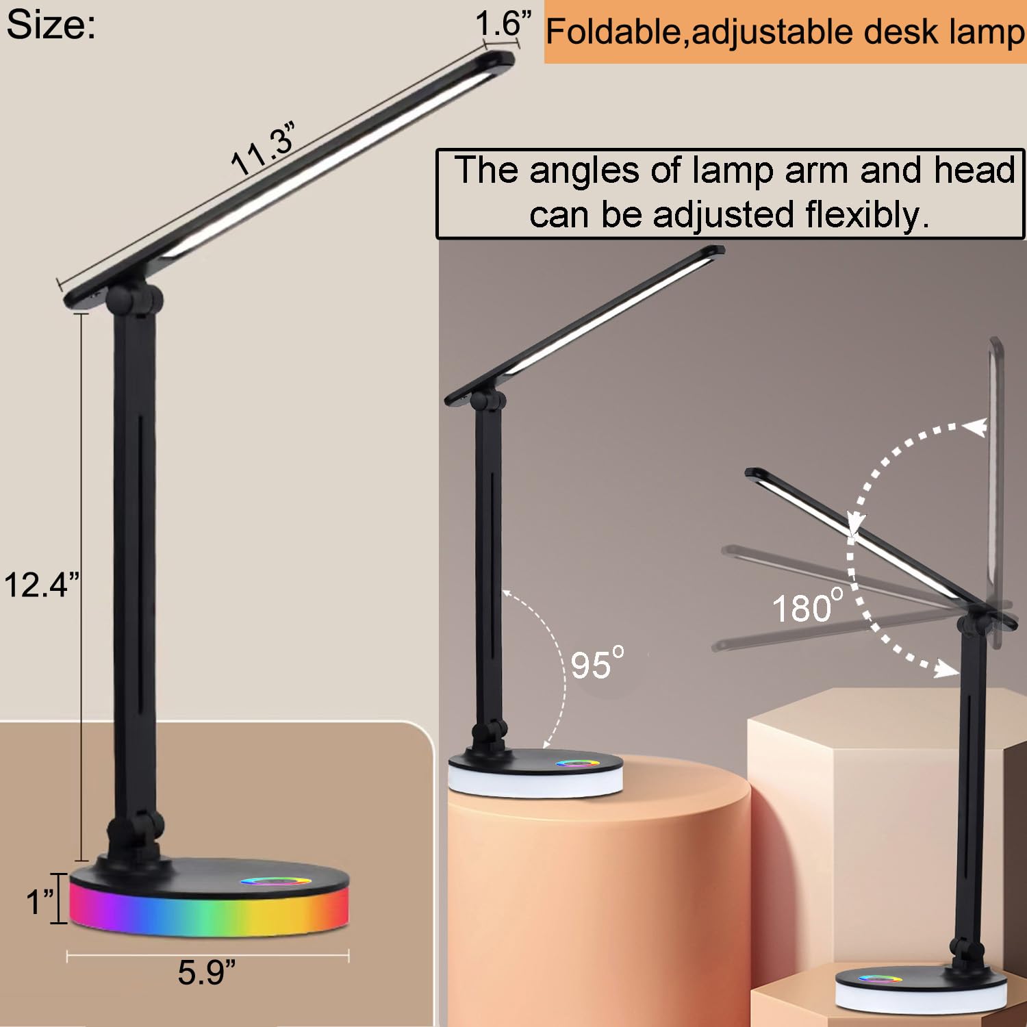 Lampada da scrivania a LED, controllo touch, porta di ricarica USB, dimmerabile continuamente, design pieghevole, luce per la casa, camera da letto, studio, bambini, nera