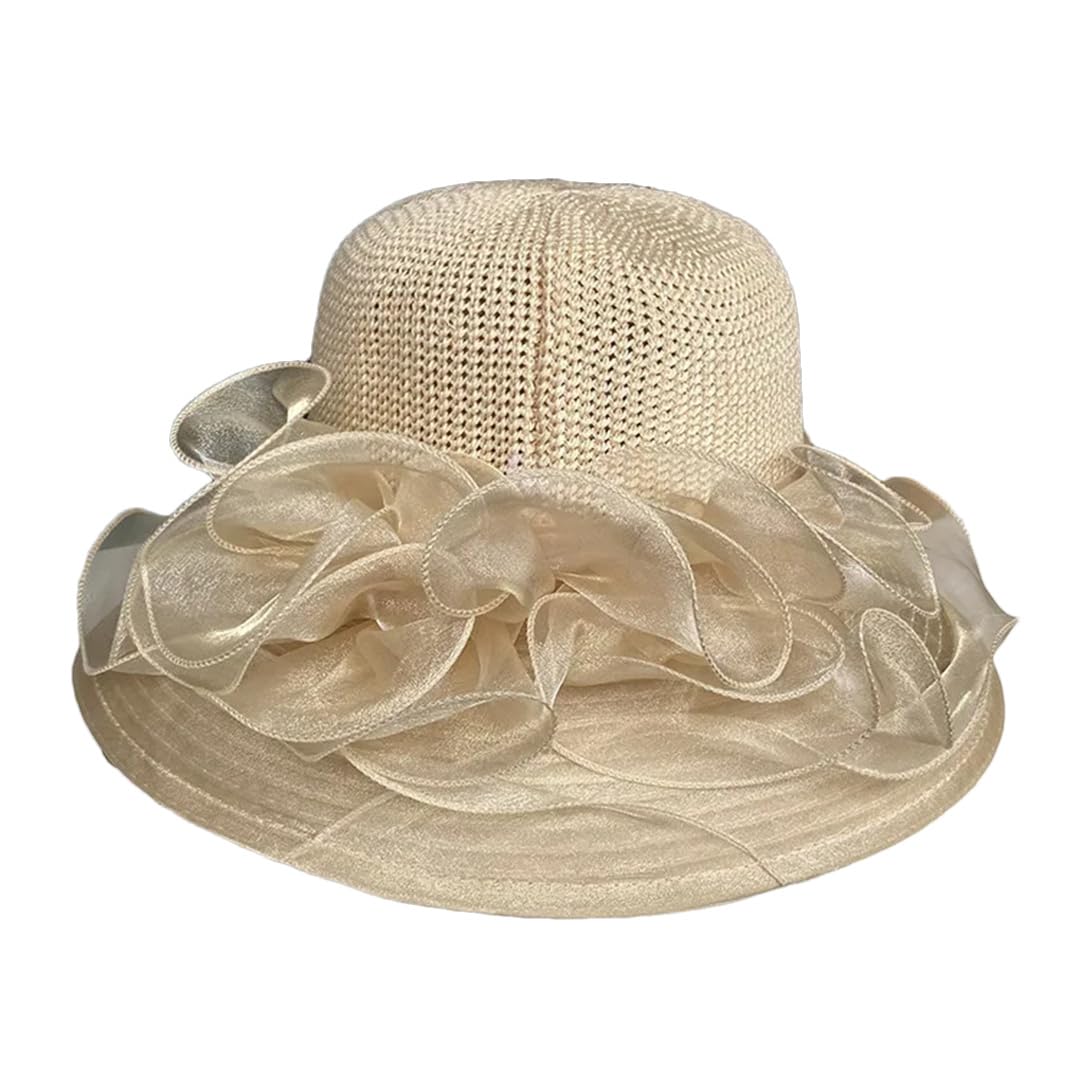 Yeuyyben Elegante cappello da chiesa da donna con fiore estivo a tesa larga cappello Fedora per le donne cappello in organza cappello da spiaggia cappello da sole