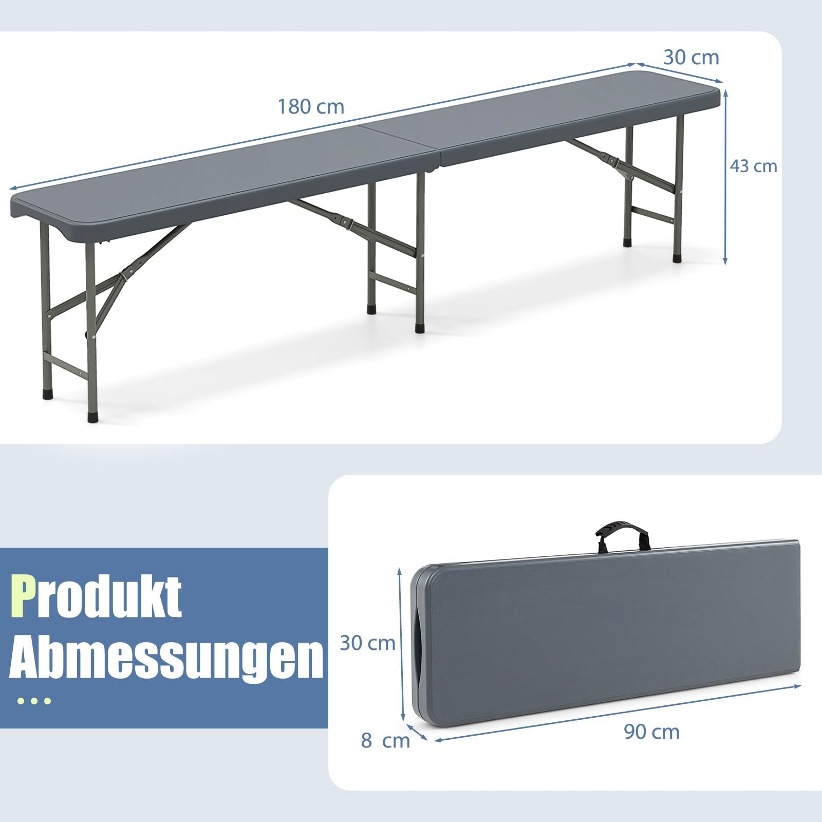 FANTASK Klappbank, Campingbank, Gartenbank aus Kunststoff, Sitzbank mit Tragegriff, 180x30x43cm (Grau)