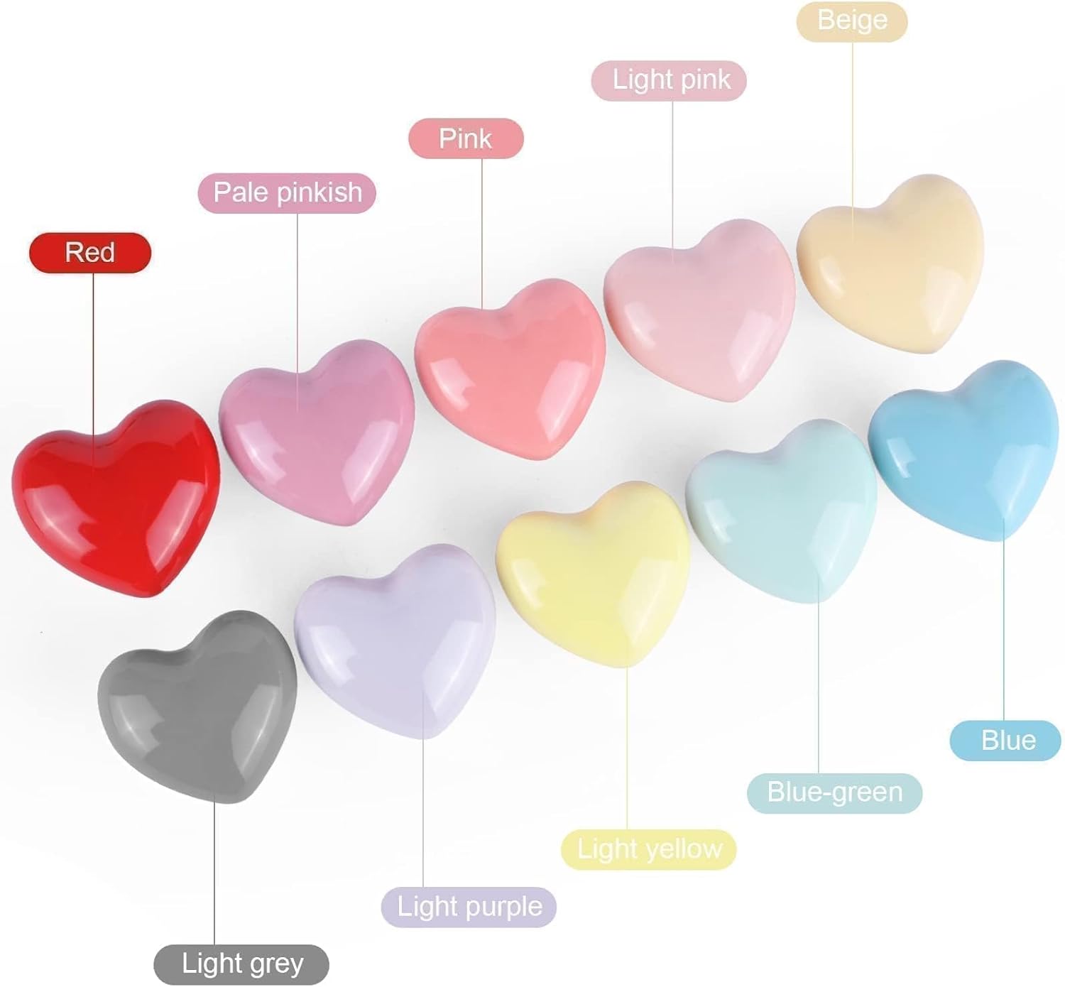 10x Colorful Cute Glossy Ceramic Heart Shaped Knobs Love Lovely Door Pull Knob Cabinet Closet Ceramic Drawer Cupboard Kitchen Dresser Kids Child Bedroom Pulls Wardrobe Handles 32mm