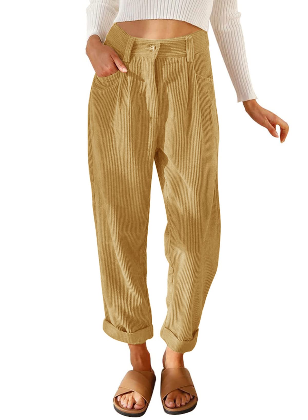 ANGGREK Womens Casual High Waisted Straight Leg Pants Loose Comfy Trousers with Pockets Yellow Large