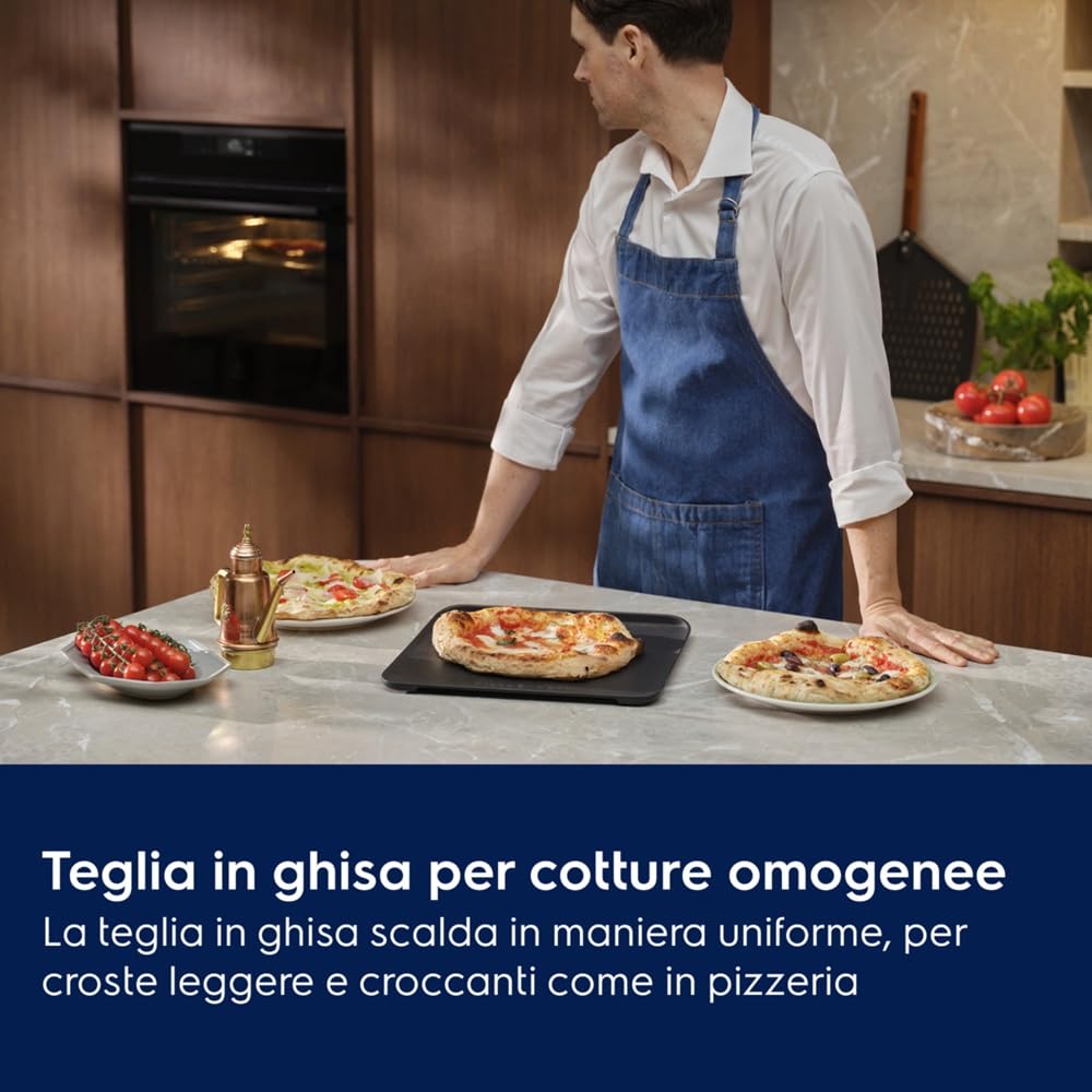 Electrolux COX8P08WH, Forno da Incasso Multifunzione Pirolitico, Autopulente, 72 L, PizzaExpert 340°C, Funzione Pizza in 2.5 Minuti, Vapore, Display Touch, Teglia in Ghisa e Pala Incluse, Wi-Fi, Nero