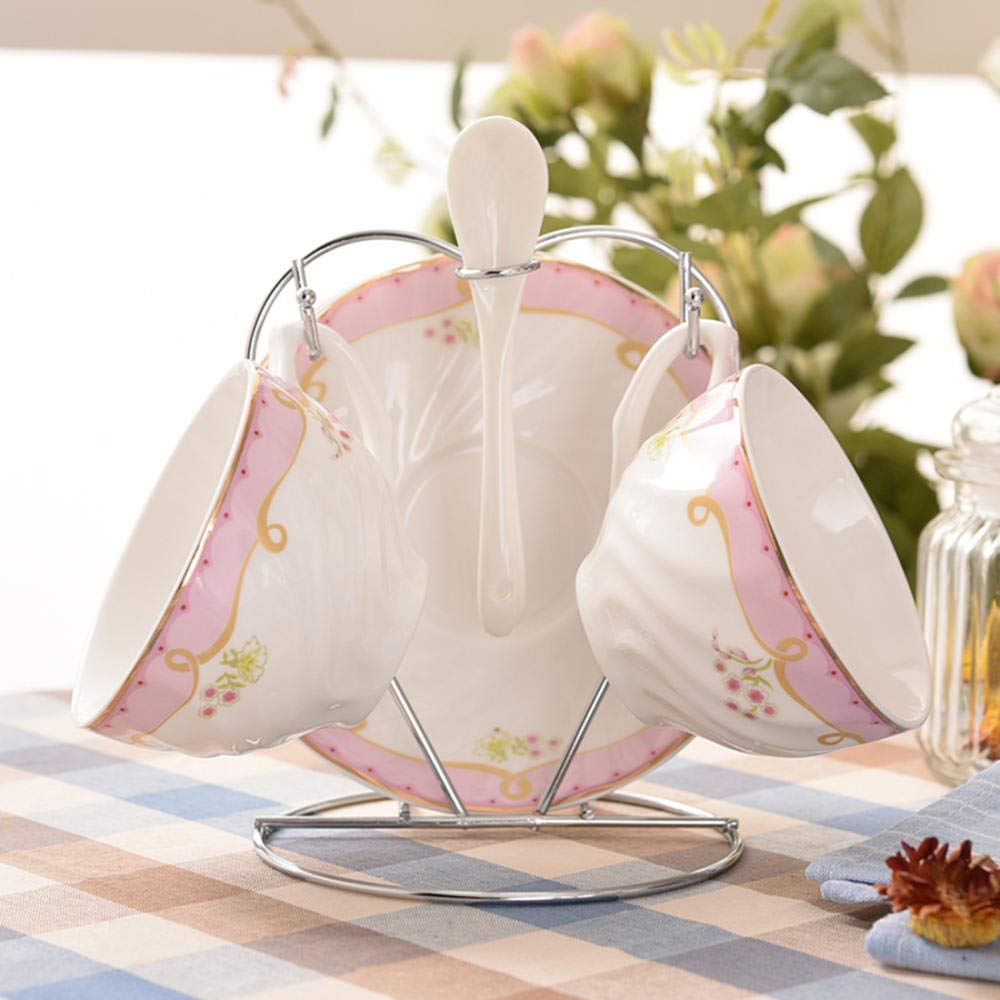 European Bone China Espresso Set Couple Coffee Cup & Saucer Set Coffee Set Two Piece With Shelf 180ml@Pink two cups and saucers