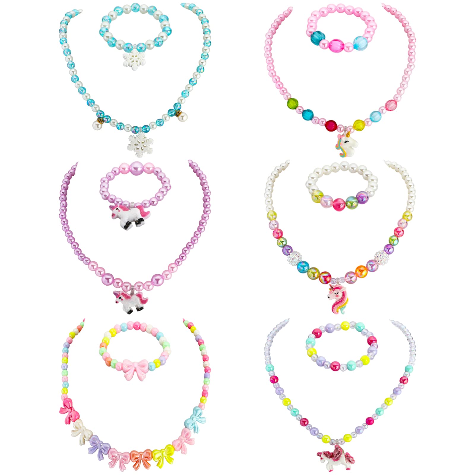 SOTOGO 6 Sets Girl Princess Necklace Bracelet with Colorful Pendants Kids Beaded Necklace Bracelet Stretchy Chunky Costume Jewelry Present Toy