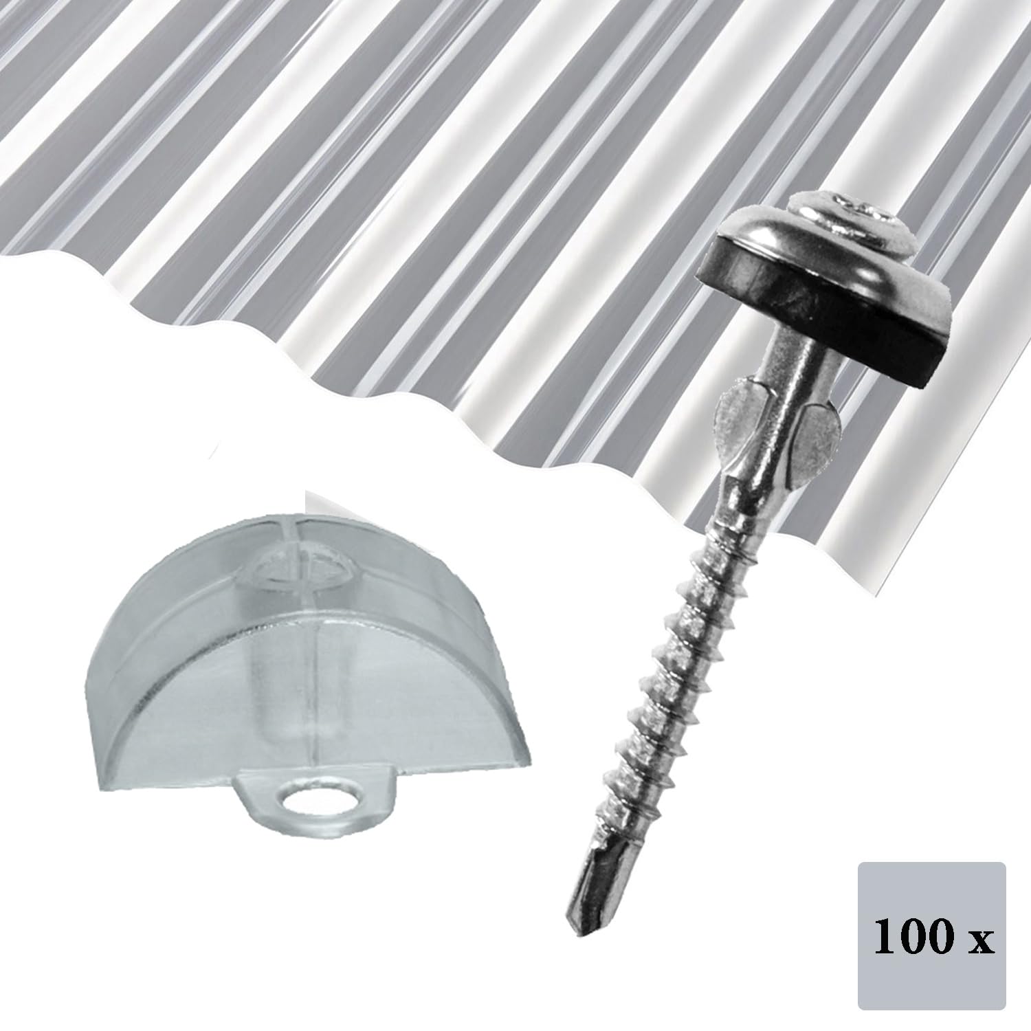 Befestigungs-Set: Spenglerschraube mit Bohrspitze & Bohrflügel + Abstandshalter für Wellplatten mit Sinus-Profil 76/18 (100)