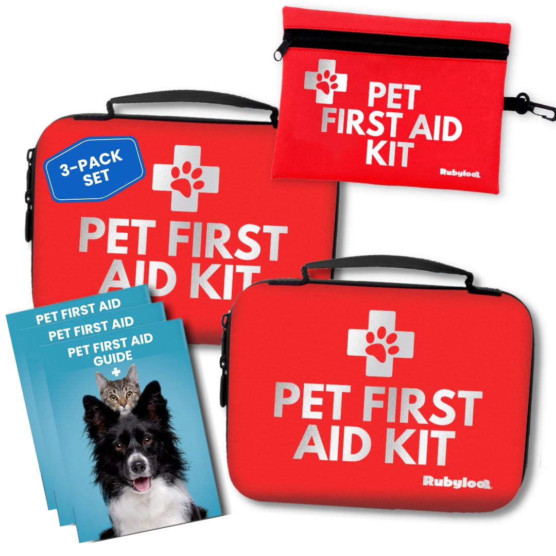 Dog First Aid Kit 3-Pack – 2 Hard-Sided & 1 Compact Travel Pet First Aid Kits – Vet-Approved Emergency Supplies with First Aid Guide, Tick Remover, Thermal Blanket for Hiking, Camping, Car, RV