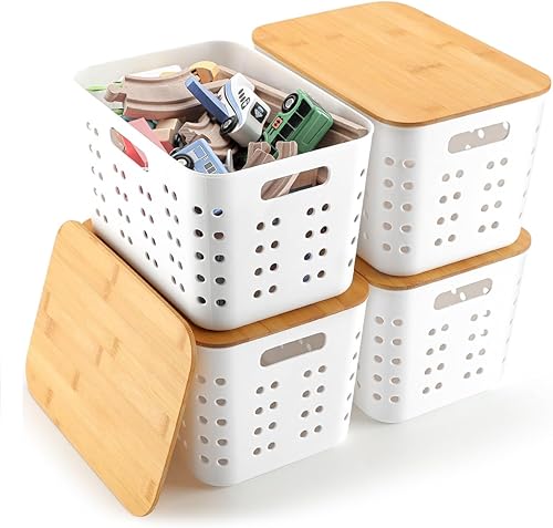 EOENVIVS Storage Bins With Lids Organization and StorageContainers with Bamboo Lids Storage Baskets Organizer for Shelves Drawers Desktop Bedroom
