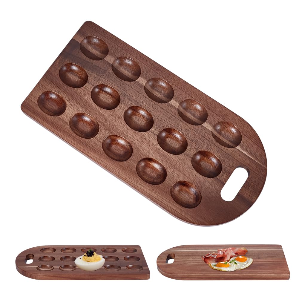 OLYCRAFT Bandeja de madera para huevos rellenos de 15 agujeros, bandeja de madera para servir huevos y plato, bandeja de huevos de arco, bandeja de contenedor, bandeja de queso para servir queso para