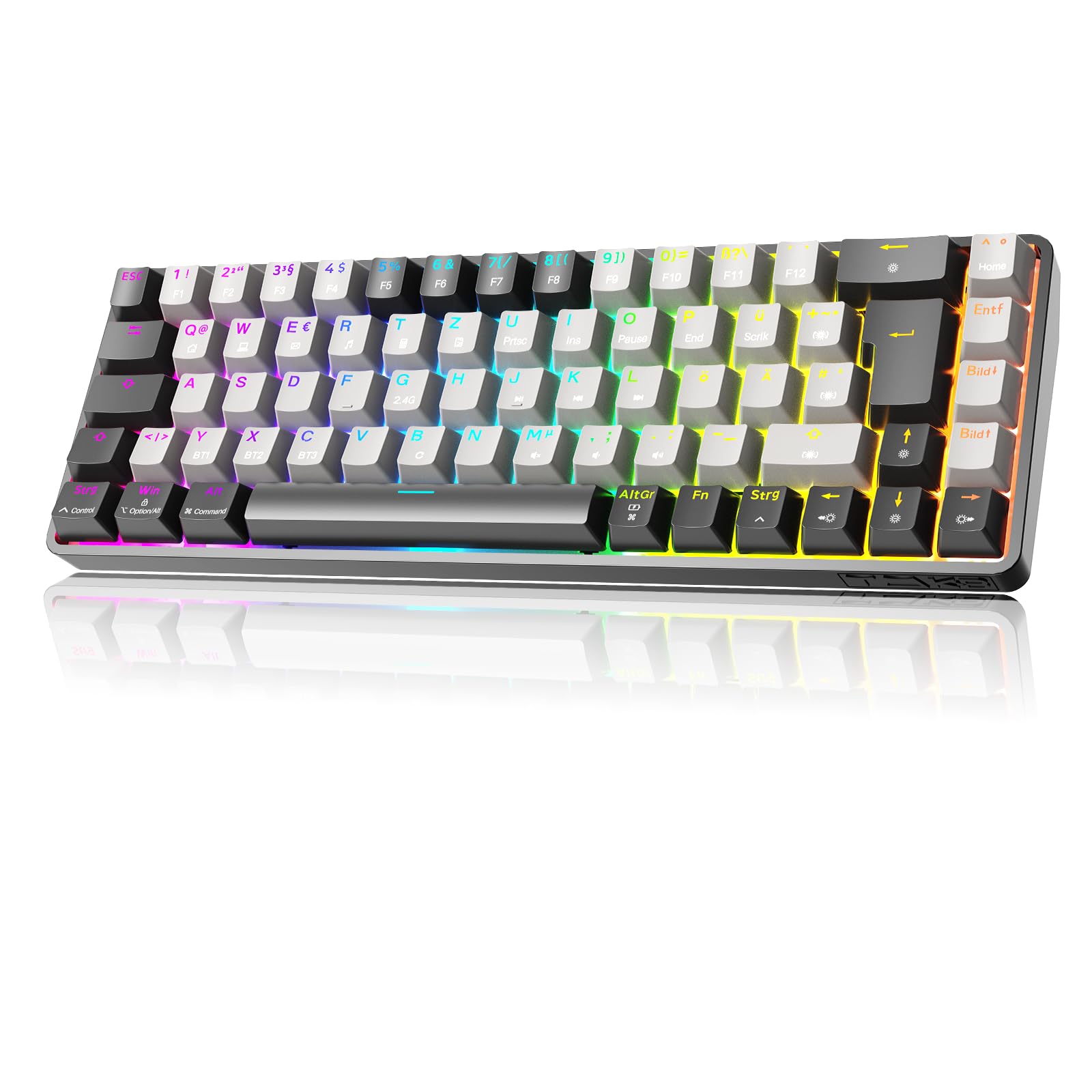 TMKB T68 Gaming Tastatur,60% Kabellos Mechanische RGB Tastatur mit Bluetooth/2.4G/Typ-C,Compact 68 Tasten Anti-Ghosting,Deutsches QWERTZ Layout (Schwarz/Grau, Roter Switch)